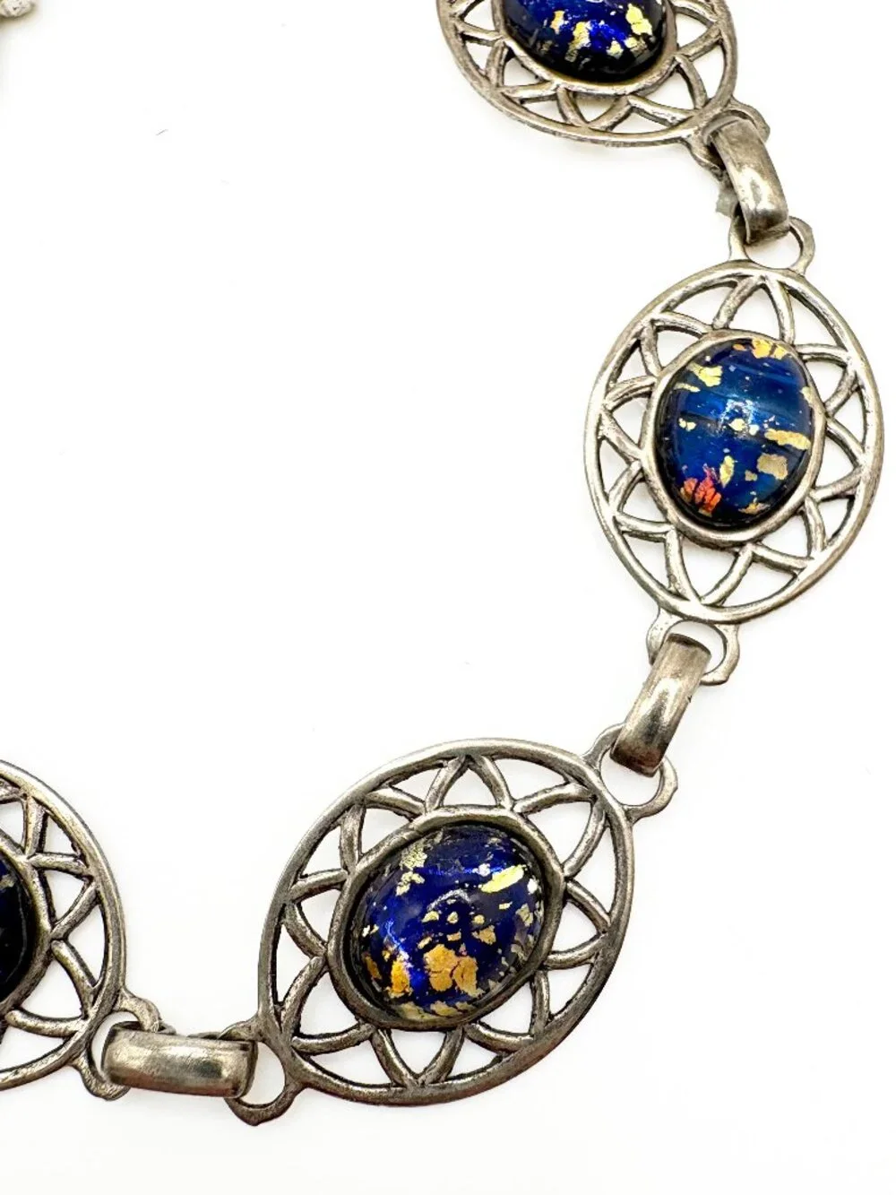 Vintage Blue Foil Confetti Glass Bracelet Silver Tone